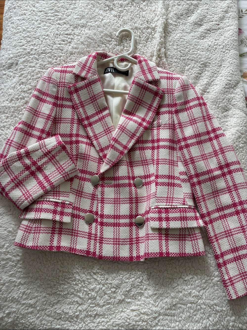 Zara Pink and White Plaid Double-Breasted Tweed Blazer